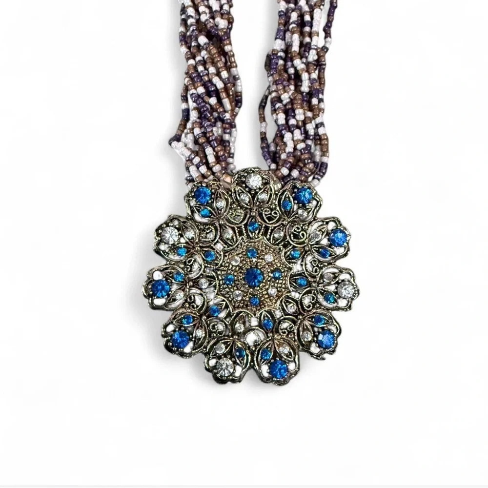 Handcrafted Blue Silver Beaded Statement Necklace Artisan Jewelry